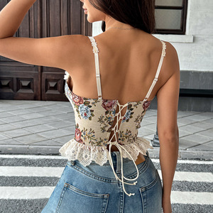 Camisole en dentelle d'inspiration vintage florale française - <span class=keywords><strong>Bustier</strong></span> à col nœud et laçage frontal avec bretelles réglables - Product Image 4