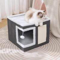 Lit-caverne carré pour chat en suède, entièrement fermé, pliable en une seule pièce, chaud pour l'hiver, amovible, lavable, anti-griffures, solide et interactif