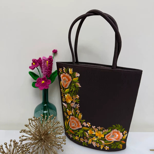 Custom made hand-embroidered floral <b>tote</b> <b>bag</b> Made from durable brown <b>fabric</b>, this <b>bag</b> features exquisite floral embroidery. - Product Image 1