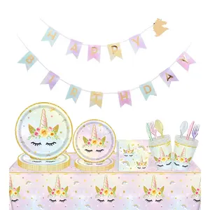 118PCS Colorful Unicorn Theme Party Supplies Disposable Plates Cups Banner Tablecloth Cartoon Birthday Party Decorations