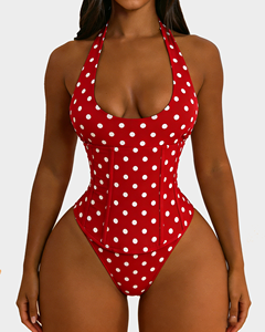 Traje de baño retro de lunares con corsé de varillas de acero, de una pieza, con cuello halter, control de abdomen firme y espalda con cordones - Product Image 4
