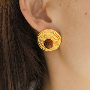 Pendientes de Oro con Ojo de Tigre Estilo Francés, Líneas Circulares Geométricas, Engaste de Bisel, Joyería de Fiesta para Mujer - Product Image 3