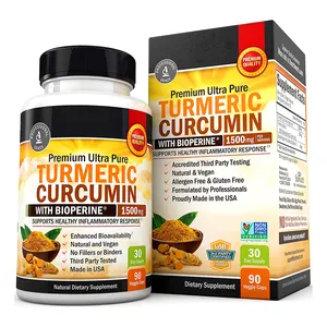 Cápsulas de curcumina de turmera natural, suplementos herbal com pimenta preta para articulações e apoio inflamatório saudável