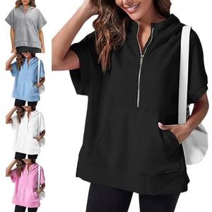 Nouveau <span class=keywords><strong>T</strong></span>-<span class=keywords><strong>shirt</strong></span> à capuche fin pour femme, collection Printemps-É<span class=keywords><strong>t</strong></span>é 2026, coupe ample, manches courtes, avec poches zippées, imprimé décontracté style européen et américain - Product Image 2