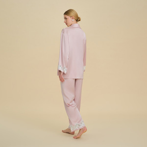 Ensemble de pyjama en satin pour femmes, pantalon à manches longues, rose pêche, vêtements de nuit pour la maison - Product Image 3