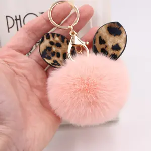 Hot Fluffy Nữ Tính Pom Pom Keyring Với Mèo Tai Tròn Hình Lông Bóng Mini Sang Trọng Keychain