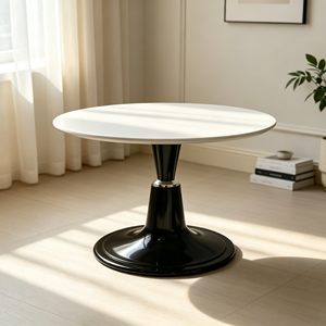 Modern <b>Round</b> <b>Side</b> <b>Table</b> White Tabletop Glossy <b>Black</b> Pedestal Base Silver Decor Ring Living Room <b>Table</b> Hotel Accent Furniture - Product Image 3