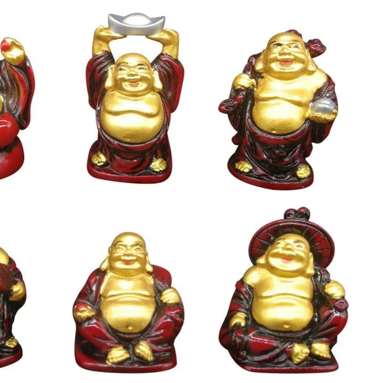 Kleine Lachende Boeddha Beeldjes 2 Inch Standbeeld Rood Goud En Zilver Ingots Hars Set Van 6 Chinese Lucky Rijkdom Verjaardag geschenken Decor