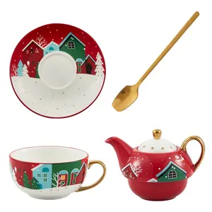New Bone China Christmas Cup And Saucer Gift Ceramic Tea Set With Teapot For One Person Single Pot Tea For One