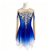 Robe de patinage artistique dégradé bleu et blanc, manches longues en maille, dos ouvert, ornée de strass, jupe asymétrique pour la compétition