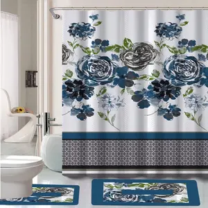 Set tappetino da bagno Poney stampato 15 pc 1 tenda da doccia stampata 1 tappeto contorno 1 tappeti rettangolari 12 ganci a rullo colore blu