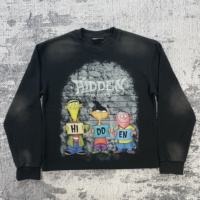 T-shirt vintage à col rond et manches longues pour homme, noir délavé, en coton gaufré 100 %, avec logos imprimés DTG entièrement personnalisés en usine MT1558