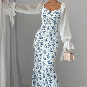 Robe longue florale d'automne pour femme, tricotée, à manches longues et à volants, col en U, taille haute, sexy et élégante pour le club et le quotidien - Product Image 1