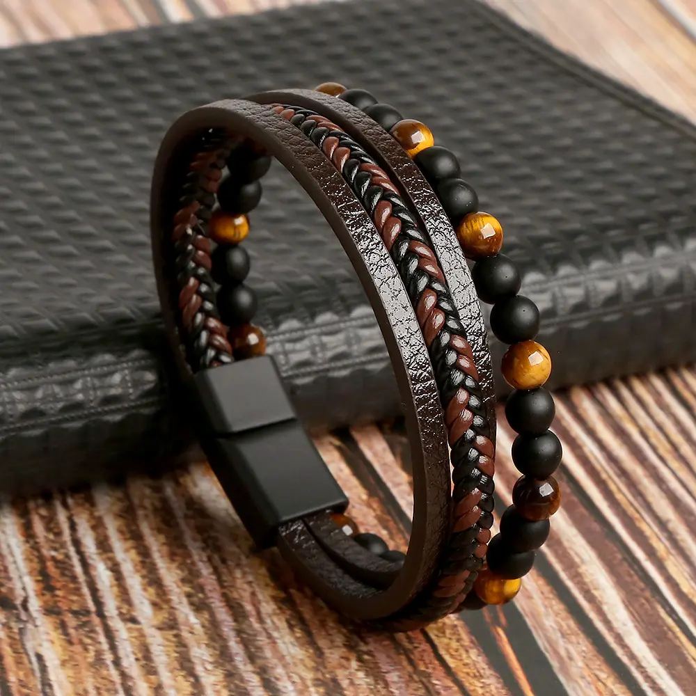 MCA022 Volcanic Stone Tiger Eye Beads Men's Cowhide Leather Bracelet with Magnetic Clasp Natural Stone Fashion Jewelry