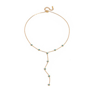 Collier en acier inoxydable plaqué or 18 carats avec turquoise, chaîne en Y, serti clos, style classique, bijou cadeau - Product Image 5