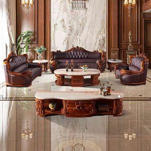 Luxury European Hand Carved Solid Wood Frame Leather Sectional <b>Sofa</b> Set for <b>Hotel</b> Apartment Living Room Commercial Use - Product Image 3
