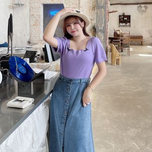 เสื้อยืดแขนพองคอเหลี่ยมโบว์สำหรับผู้หญิงลิลลี่ ซัมเมอร์ โบว์น็อต ไซส์พลัส ผ้าฝ้ายระบายอากาศได้ดี สีขาว สีดำ สีม่วง สีแดง N7610 - Product Image 4