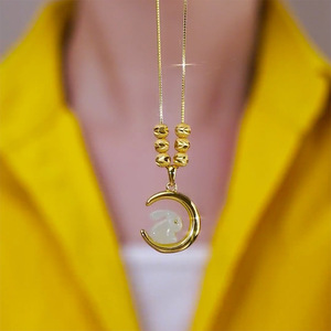Moon Jade Rabbit Pendant Necklace Stainless Steel Hetian Jade Clavicle Chain For Women Gift Animal Zodiac Style - Product Image 1