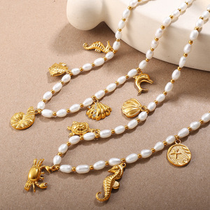 สร้อยคอจี้รูปสัตว์ทะเลประดับมุกน้ำจืด ชุบทอง 18K สร้อยคอแฟชั่นสำหรับผู้หญิง มุกสีขาว รูปทรงสัตว์ สไตล์โบฮีเมียน - Product Image 3