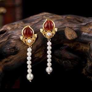 Boucles d'oreilles Hanfu Rétro en Perles et Agate Mosaïque Plaquée, Accessoires Antiques Polyvalents et Gracieux pour Filles - Product Image 1