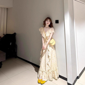 Robe longue à imprimé floral jaune, col en V, taille empire à volants, style estival, robe de soirée élégante et ajustée pour femmes - Product Image 2