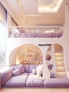 Cama litera minimalista <span class=keywords><strong>de</strong></span> madera maciza <span class=keywords><strong>de</strong></span> dos pisos para niña, modelo Purple Princess, con sofá inferior multifuncional. - Product Image 1