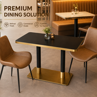 Ensemble de salle à manger rectangulaire, plateau de table noir avec bordure dorée, chaise rembourrée marron, fournitures pour hôtels, cafés, bistros et restaurants