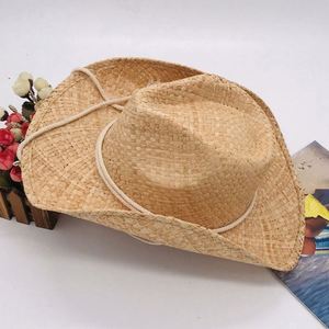 Sombrero de Paja Natural de Rafia para Hombre y Mujer, Protección Solar para la Playa y el Océano, con Cordón para la Barbilla, Estilo Vaquero, Venta al Por Mayor - Product Image 3