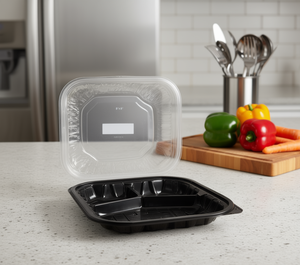 Contenitore per alimenti in plastica trasparente nero 8x8 con 3 scomparti, coperchio a clip, per conservazione in frigorifero, rettangolare, per la preparazione dei pasti. - Product Image 2