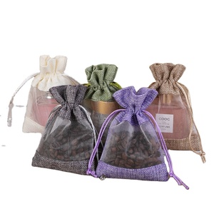 Bolsa de regalo de lino con cordón <span class=keywords><strong>y</strong></span> ventana de organza, bolsa de almacenamiento, bolsas de yute con cordón - Product Image 1