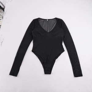 Body de malla transparente para mujer, manga larga, ajustado, color liso, detalle transparente, cuello en V profundo, estilo Y2K, sexy, ropa de calle, ropa de club - Product Image 2