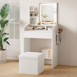 SENYU Small <b>Vanity</b> Set with <b>Lighted</b> Mirror & Power Station Modern White <b>Makeup</b> Desk with Storage Stool &Hair Dryer Rack - Product Image 1