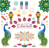 Festival des Lumières Deepavali : Joyeux Diwali, Lanternes Paon et Ganesha, Diya, Rangoli, Autocollants Muraux et de Fenêtre, Décorations et Symboles Hindous