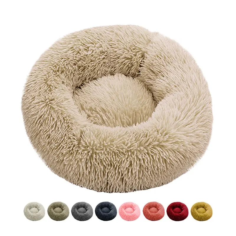 Facx Long Fur Warm Pet Calming Beds Cojín Almohada de felpa Nido de gato Fluffy Donut Cama redonda para perros