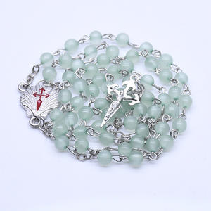 드림 워크 종교 녹색 수지 비즈 묵주 목걸이 쉘 메달 및 예수 십자가 펜던트 목걸이 친교 묵주 - Product Image 1