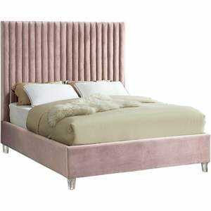 Cama queen-king de veludo com estofados, cama elegante de veludo com plataforma rosa