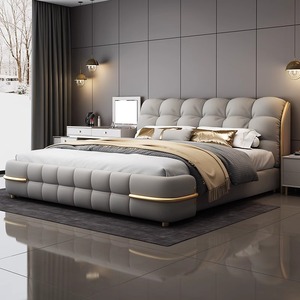 Modern Simple Luxury Leather <strong>Bed</strong> Cream Style Double Queen Size with Soft Bag <strong>Backrest</strong> <strong>for</strong> Master Bedroom Wedding Wooden Frame - Product Image 1