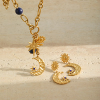 Ensemble de bijoux collier et boucles d'oreilles en acier inoxydable plaqué or massif avec lapis-lazuli naturel, motif soleil, lune et étoile, pour femme, idéal comme cadeau - Vente chaude
