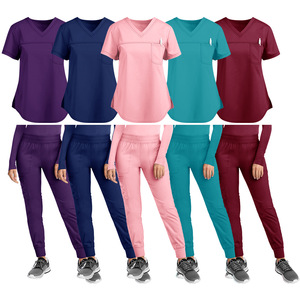 Women's Scrub Set V-Neck Short Sleeve Knitted Breathable Jogging Uniform Pink Navy Blue Purple Burgundy Lake Blue S XXL - Product Image 1
