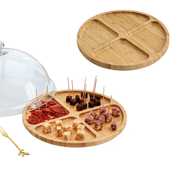 Eco-Friend Round Bamboo Serving Restaurant 4 Compartment Breakfast Tray Snack Serving Plate Dry Fruit Serving Tray With Lid
