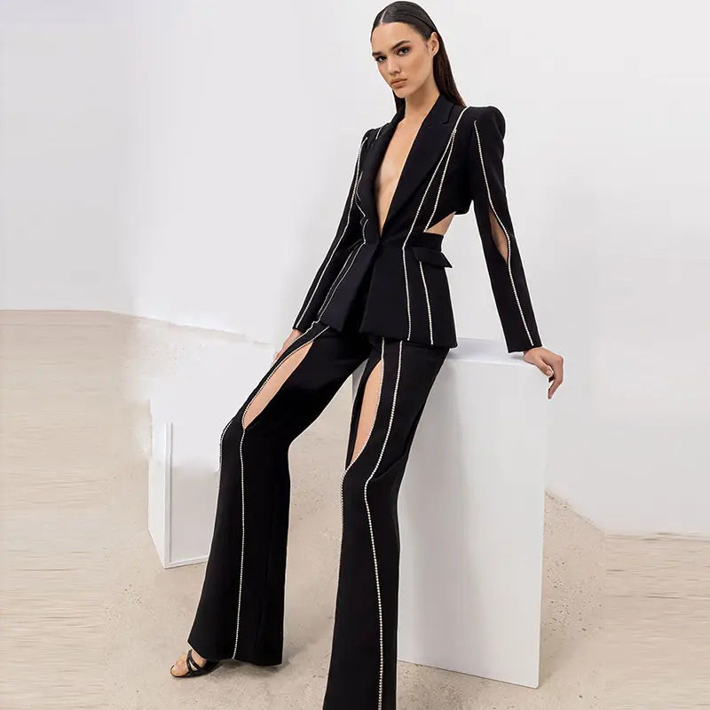 SS2216 Hot Women Fashion Two Piece Set Women Clothing Luxury Long Sleeve Hole Backless Crystal Black Blazers Pants