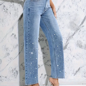 <span class=keywords><strong>Jean</strong></span> en denim pour <span class=keywords><strong>femme</strong></span> à jambe droite orné de perles, respirant, délavé foncé, de luxe, coupe décontractée ample - Product Image 4