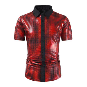 Chemises pour hommes à boutons, paillettes, manches courtes, années 70, discothèque, costume de cosplay, argenté métallique, polos de performance pour hommes - Product Image 5