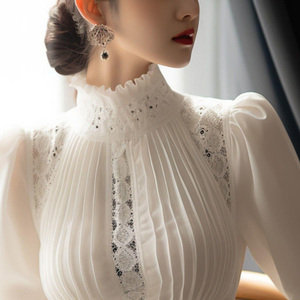 Camicette in tinta unita da donna bianca RNSHANGER con colletto alto alla moda pendolarismo arricciato in <span class=keywords><strong>pizzo</strong></span> con cave a maniche lunghe - Product Image 3