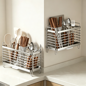 Portautensili in Acciaio Inox con 3 Scomparti, Organizzatore per Posate da <span class=keywords><strong>Cucina</strong></span>, Porta Bacchette e Cucchiai, <span class=keywords><strong>Salvaspazio</strong></span> - Product Image 1