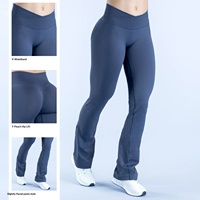 Leggings évasés sans couture DFYN pour femmes, col en V croisé, panneau invisible côtelé, spandex/nylon, longueur intégrale, pour le yoga et la remise en forme