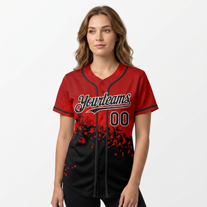 Maillot de baseball pour femmes Yourteams, rouge et noir, sublimé, respirant, manches courtes, boutons sur le devant, coupe classique, vêtements pour adultes - Product Image 2