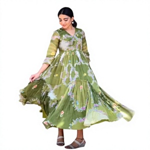 Vestido Maxi Boho con Estampado Floral Verde, Cuello en V, Manga Tres Cuartos, Corte en A, Holgado, de Chifón, Informal, para Verano - Product Image 1