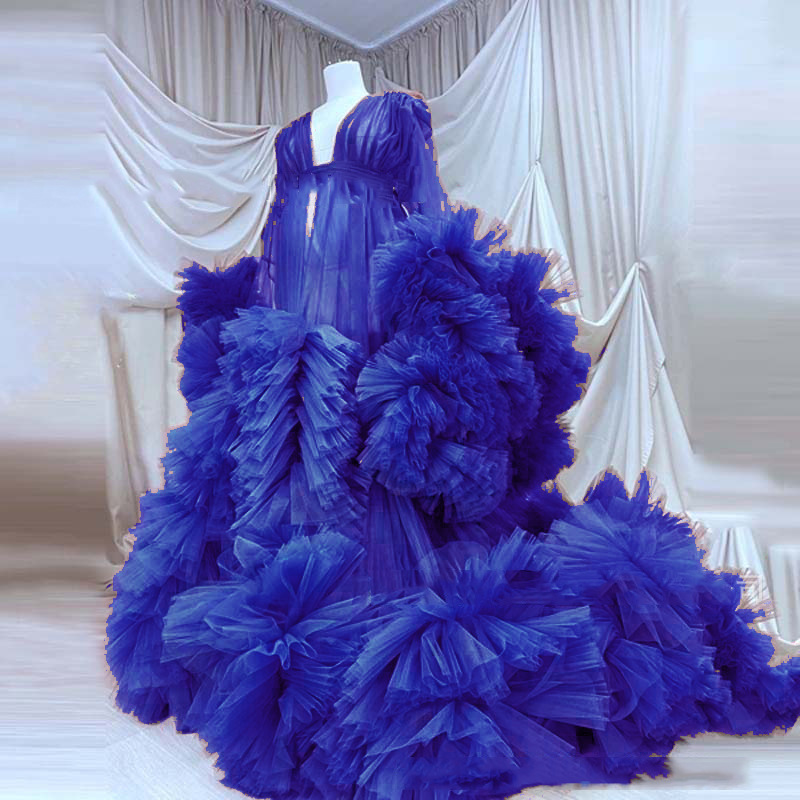 royal blue maternity dress for photoshoot Lightning Deal #2 Kate Mesh V-neck Long Sleeve Pleated Maternity Photoshoot Dress, XXL / 89#-Sky blue main image 1