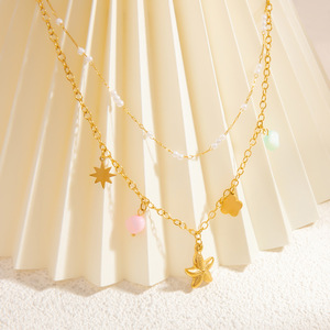 Collier superposé en fausses perles avec breloques étoiles, chaîne de clavicule en acier titane plaqué or 18 carats pour femme, bijoux tendance - Product Image 4